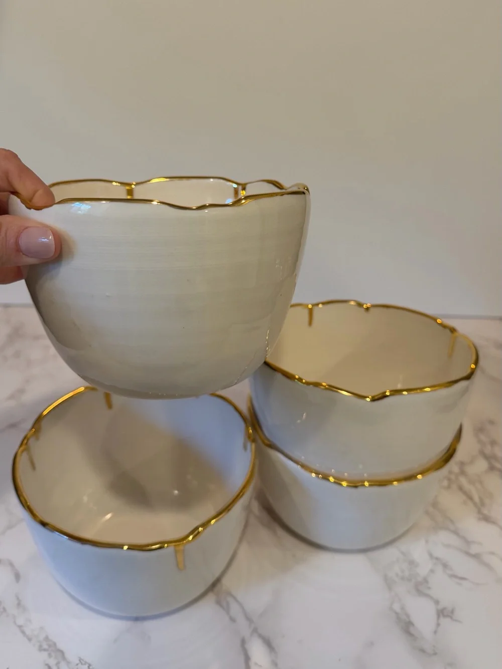 Set of 4 White Porcelain Bowls Gold Trim Organic Wavy Edge NWT